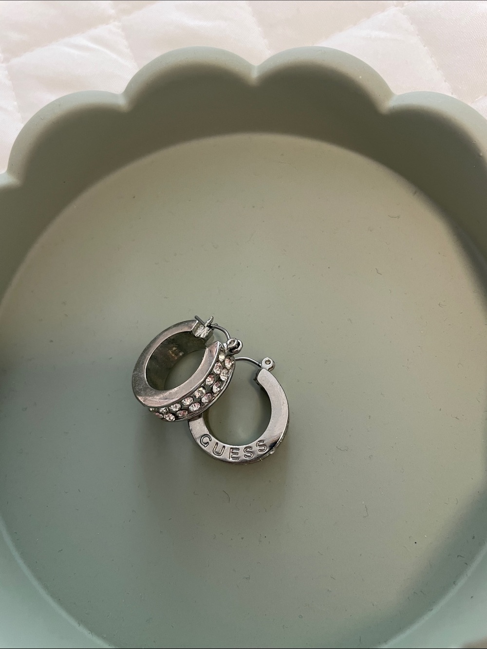 Guess Silver Mini Hoop Earrings with Logo and Diamond Detail
